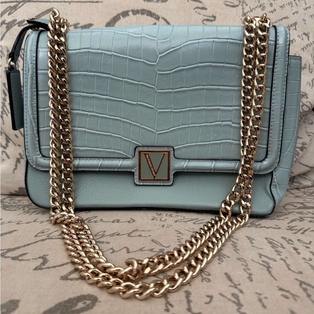 Victoria's Secret Light Blue Croc-Embossed Bag with Gold Chain